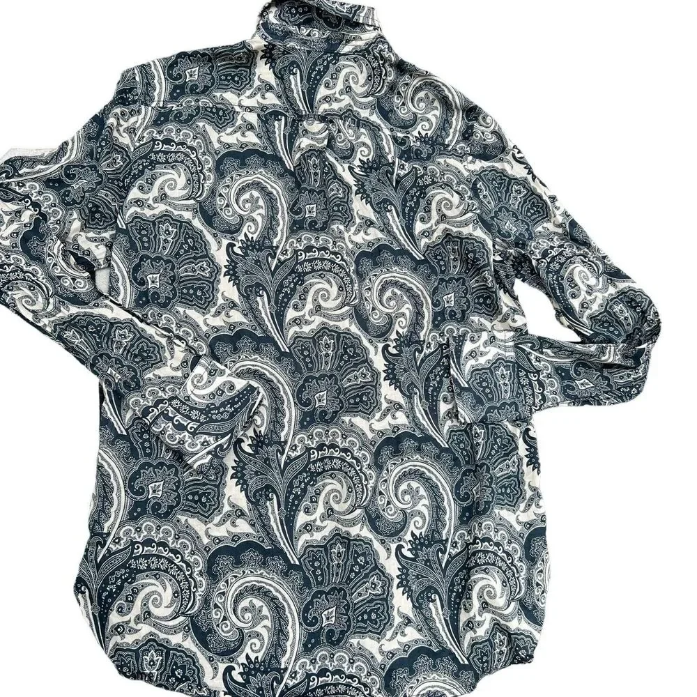 J Crew Collection Shirt Womens Size 2 Button Up‎ Blouse Blue Paisley Long Sleeve - Picture 8 of 14